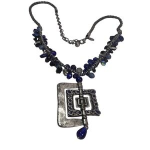 VTG Chico's Navy blue Statement Necklace Beaded Charm Square Pendant